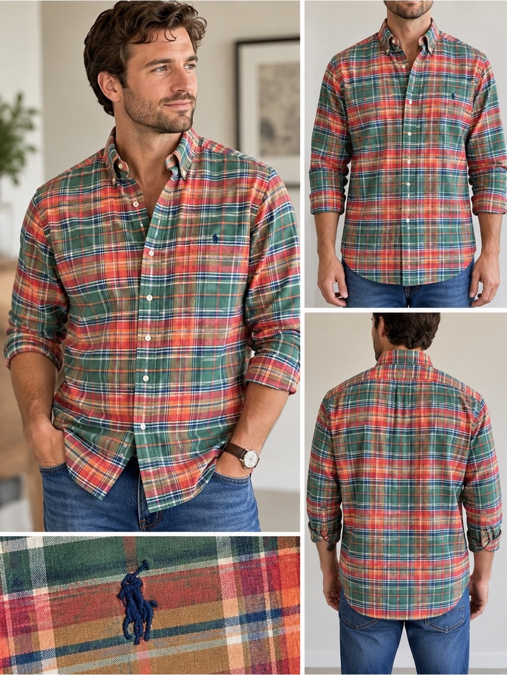 Ralph Lauren Men’s Medium Custom Fit Plaid Button Down Shirt Green Red